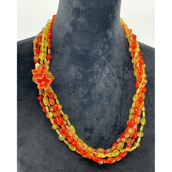 Vintage Rhinestone Enamel Lucite Multi-Strand Orange & Yellow Beaded Necklace Wi - Picture 1 of 5
